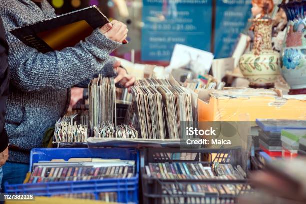 Old Vinyl Discs Flea Market Stock Photo - Download Image Now - Thrift Store, Street Market, Record - Analog Audio