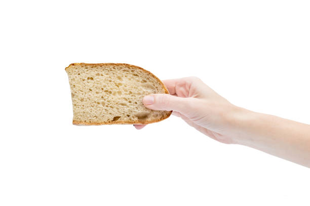 Woman's hand holding piece of bread. Isolated on white.