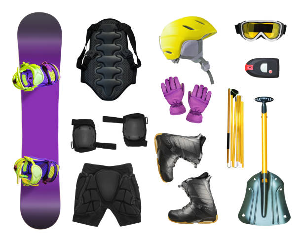 Snowboard equipment Set of snowboard equipment and avalanche gears isolated on white background avalanche beacon stock pictures, royalty-free photos & images