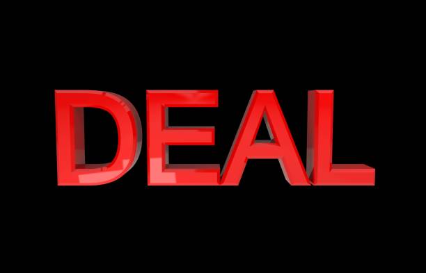 istock 3D illustration of deal red word on black background 3d rendering. front view 1127386243