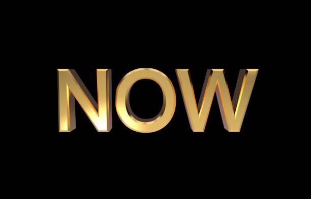 istock 3D illustration of now gold word on black background 3d rendering. front view 1127386273