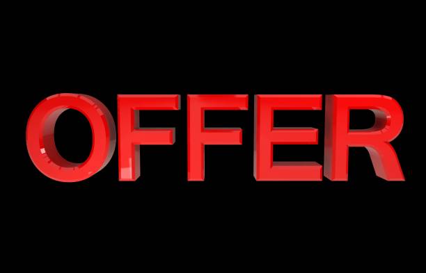 istock 3D illustration of offer red word on black background 3d rendering. front view 1127386277