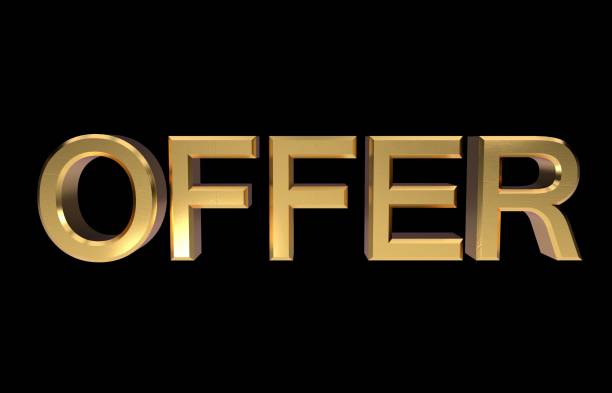 istock 3D illustration of offer gold word on black background 3d rendering. front view 1127386293