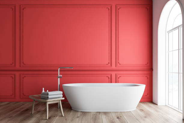 istock Red and white bathroom interior, tub 1127386295