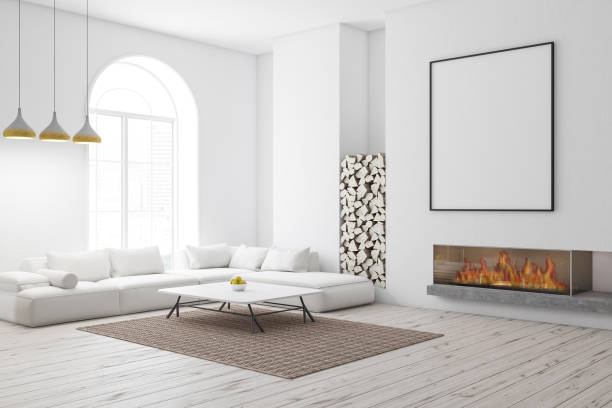 istock Arched white living room, white sofa, poster 1127387497