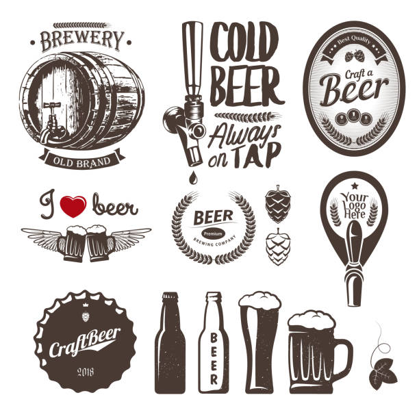 illustrazioni stock, clip art, cartoni animati e icone di tendenza di buone etichette di birreria artigianale, emblemi ed elementi di design (rubinetto, berretto, bottiglia, tazza, canna) - beer bottle beer bottle bottle cap