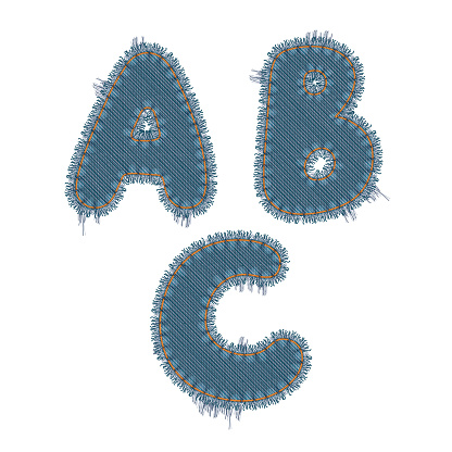 Vector Photo Realistic Illustration Of Torn Denim Patches Isolated On White Background. A, B, C Letters