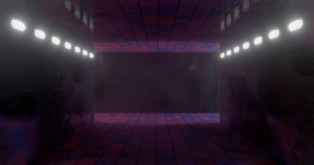 istock 3d rendering. Underground tunnel or corridor lit with bright neon lamps. Futuristic background. Dark dungeon. 1127395128