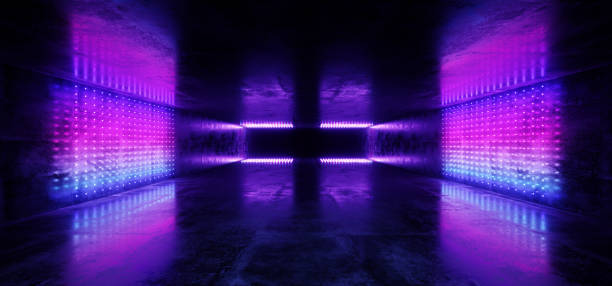 istock Neon Glowing Sci Fi Futuristic Cyber Retro Empty Grunge Concrete Dark Reflective Tunnel Corridor Purple Pink Blue Lights Dot Shaped Studio Club 3D Rendering 1127395382