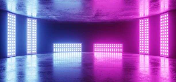 istock Cyber Futuristic Dance Stage Sci Fi Modern Retro Studio Light Neon Glowing Led Laser Lights On Empty Podium Bloom Vibrant Blue Purple Pink 3D Rendering 1127395395