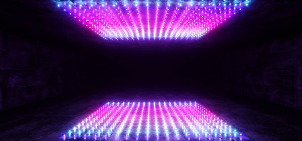 istock Neon Glowing Sci Fi Futuristic Cyber Retro Empty Grunge Concrete Dark Reflective Tunnel Corridor Purple Pink Blue Lights Dot Shaped Studio Club 3D Rendering 1127395708