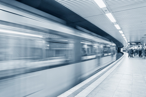 Steel gray monochrome abstract view of the Frankfurt U-Bahn underground platform