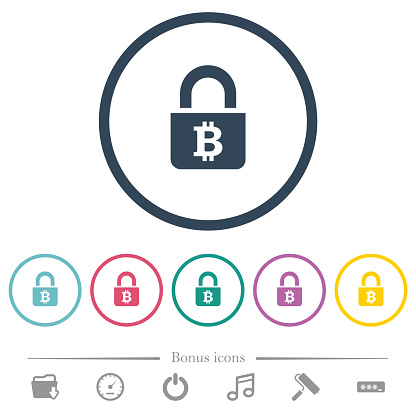 Locked Bitcoins flat color icons in round outlines. 6 bonus icons included.