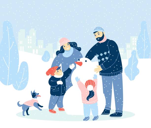 사람들과 현대적인 디자인, 메리 크리스마스, 해피 뉴가 어 겨울 휴가 그림. - snowman snowball men christmas stock illustrations