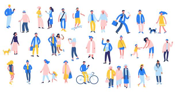 sada lidí v různých situacích - chůze, používání smartphonu, jízda na kole, odpočinek. - rovina stock ilustrace