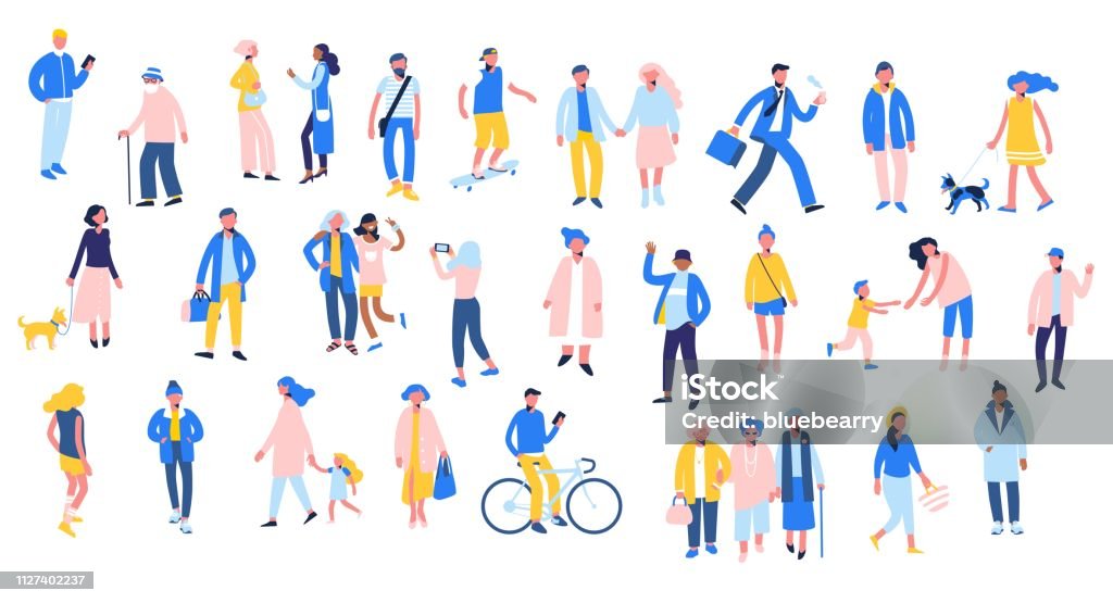 Set of people in different situations - walk, use smartphone, ride bike, relax. Group of male and female characters in flat style isolated on white background. Outdoor activity. People stock vector