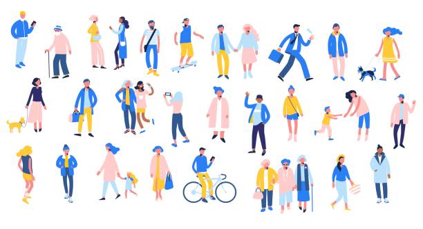 Set of people in different situations - walk, use smartphone, ride bike, relax. Group of male and female characters in flat style isolated on white background. Outdoor activity. cartoon people stock illustrations