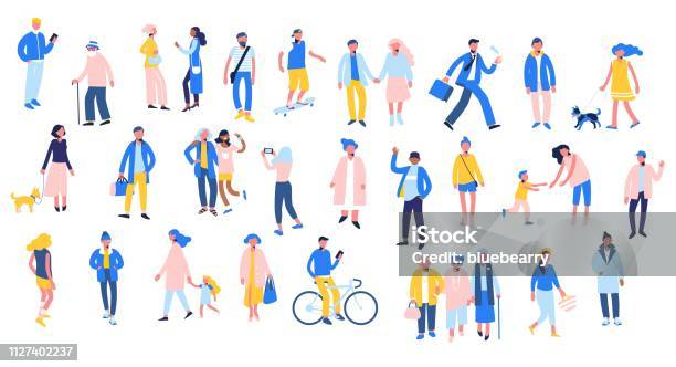 Set Of People In Different Situations Walk Use Smartphone Ride Bike Relax Stock Illustration - Download Image Now