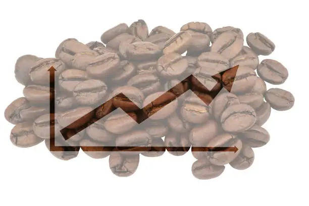 Pale photo of coffee beans with highlighted symbolic graphic for increase in sales