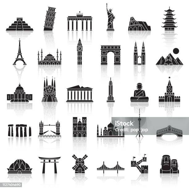 Travel Landmark Icons Vector Stock Illustration - Download Image Now - Chinese Culture, Golden Gate Bridge, Tower