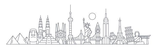 kuvapankkikuvitukset aiheesta world skyline - kuuluisat rakennukset ja muistomerkit. matkailun maamerkin tausta. vektorikuva - shanghai