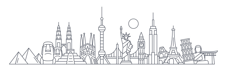 World Skyline - Famous Buildings and Monuments.. Travel Landmark Background. Vector Illustration