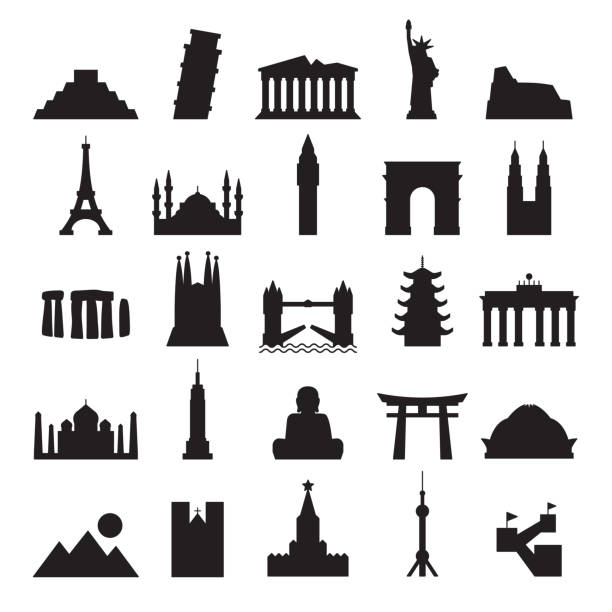 stockillustraties, clipart, cartoons en iconen met reizen landmark icons - contour zwarte solide vector - arc de triomphe