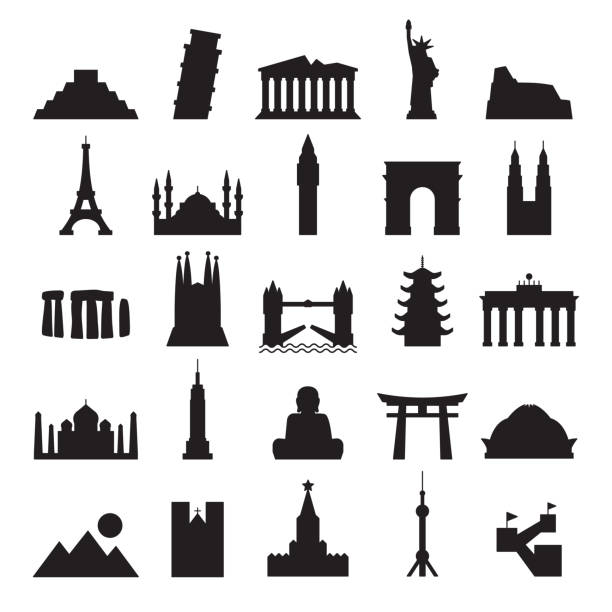 ilustrações de stock, clip art, desenhos animados e ícones de travel landmark icons - contour black solid vector - coliseum italy rome istanbul