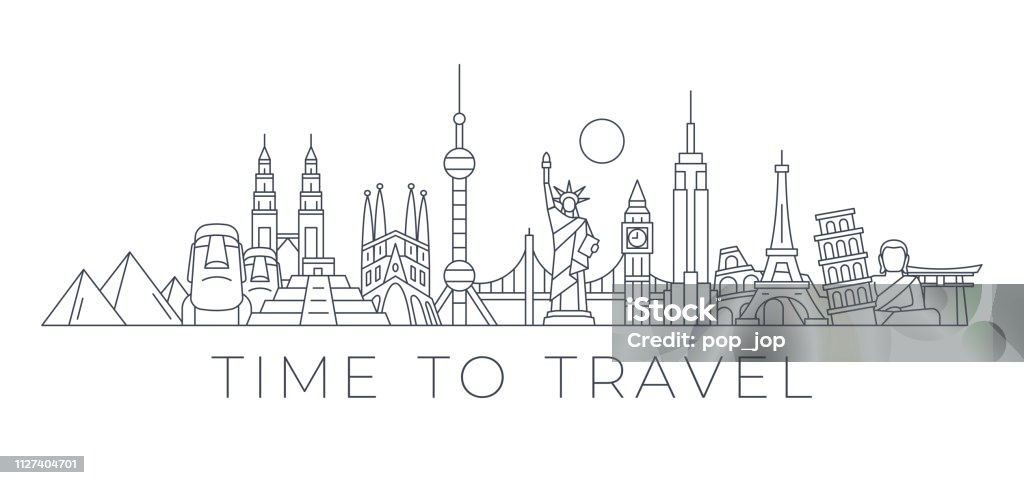 Time to Travel - World Skyline - Famous Buildings and Monuments.. Travel Landmark Background. Vector Illustration World Skyline - Famous Buildings and Monuments.. Travel Landmark Background. Vector Illustration Globe - Navigational Equipment stock vector