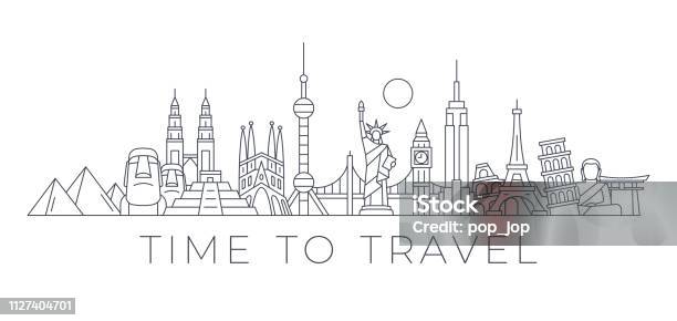 Time To Travel World Skyline Famous Buildings And Monuments Travel Landmark Background Vector Illustration Stock Illustration - Download Image Now