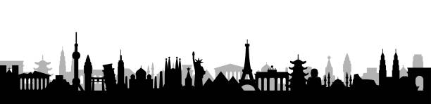 ilustrações de stock, clip art, desenhos animados e ícones de world skyline - famous buildings and monuments.. travel landmark background. vector illustration - berlin germany skyline silhouette brandenburg gate