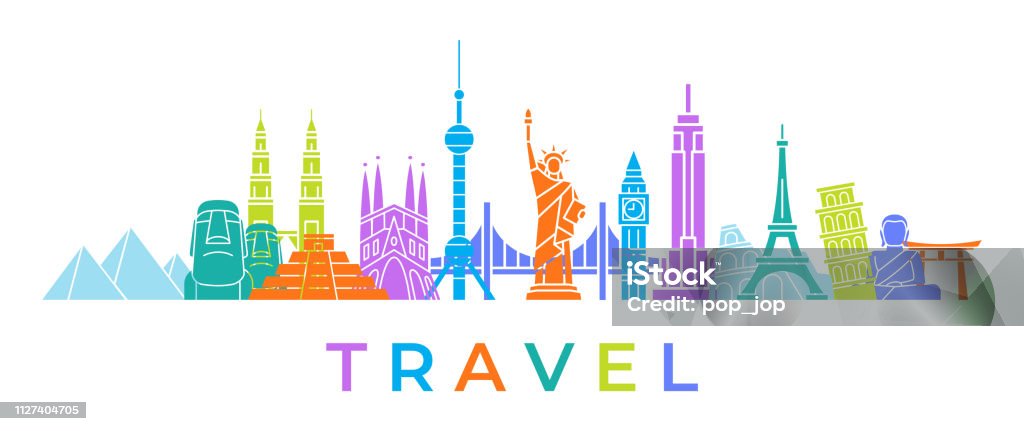 World Skyline - Famous Buildings and Monuments.. Travel Landmark Background. Color Vector Illustration World Map stock vector