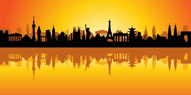 Vector illustration of World Skyline - Famous Buildings and Monuments.. Travel Landmark Sunset Background. Vector Illustration