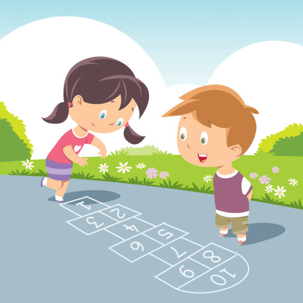 Kids Playing Hopscotch Vector Kids Playing Hopscotch hopscotch stock illustrations