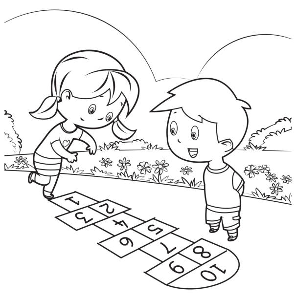 ilustraciones, imágenes clip art, dibujos animados e iconos de stock de libro, para colorear niños jugando rayuela - little girls sidewalk child chalk