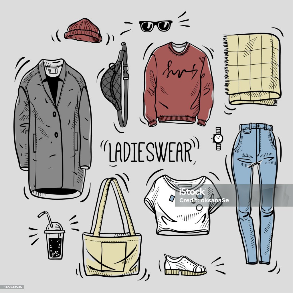 Bộ Phụ Nữ Màu Vẽ Tay Mặc Bản Phác Thảo Áo Thun Áo Khoác Áo Nỉ Túi ...