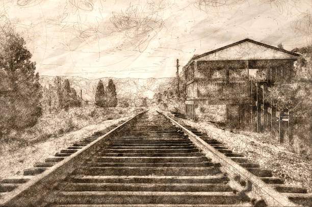 ilustrações de stock, clip art, desenhos animados e ícones de sketch of a rural mountain railroad platform waiting for train and passengers - railroad spikes