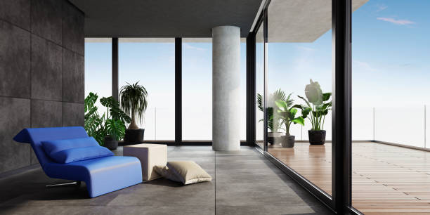 Modern spacious relaxation room in a villa with a panoramic view