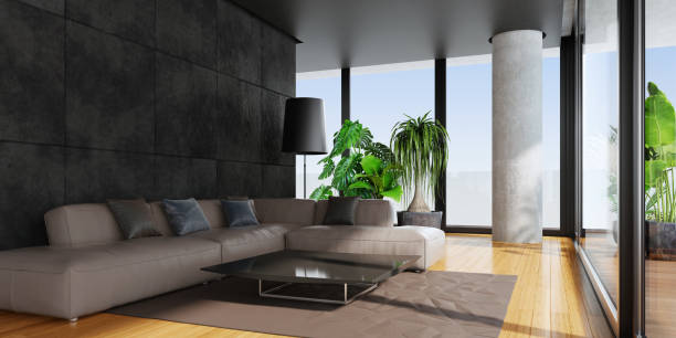 istock Modern living room with big panoramic windows and bamboo floor 1127418550