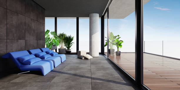 istock Modern spacious relaxation room in a villa with a panoramic view 1127418566
