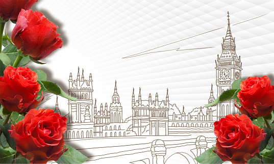 3d wallpaper, city London, England, Big Ben vector and red roses on white abstract background.