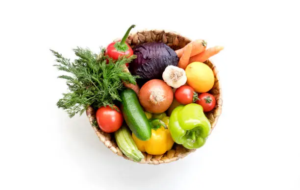 Photo of Fresh Vegetables in basket on white isolated background top view.