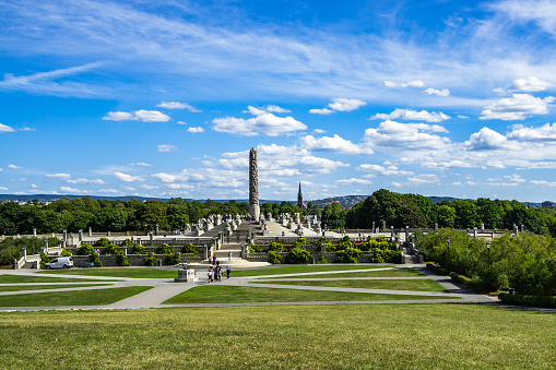 Panorama of Frogner Park with the most popular attraction, the Monilith designed by Gustav Vigeland, Oslo, Norway