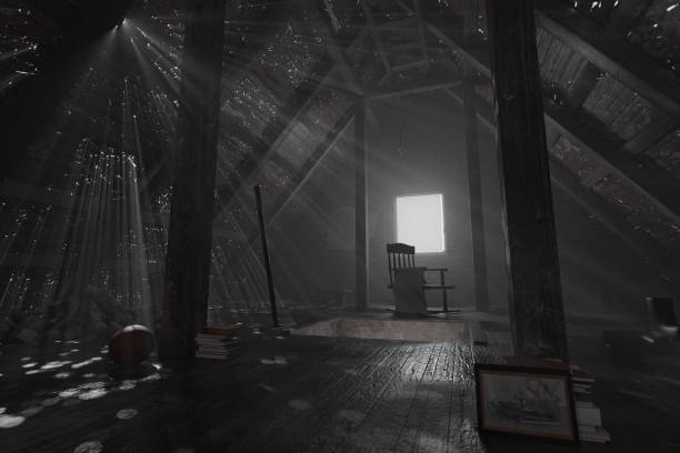 3d рендеринга затемнить пустой чердак с выдержанными вещами и световыми лучами через отверстия - haunted house стоковые фото и изображения