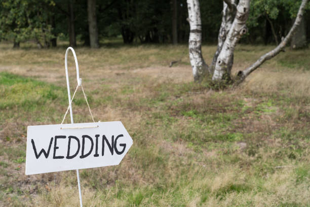 istock Wooden direction with wedding text standing in a field near a forest 1127426430