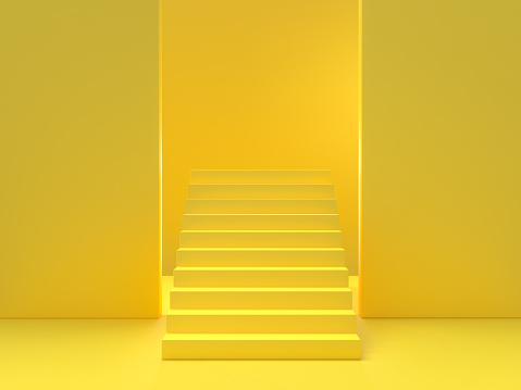 Minimal idea concept. Yellow stairs background, 3D Render.