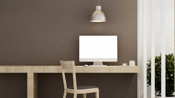 workplace on brown wall decoration in home or apartment - Interior design for business artwork- 3D Rendering