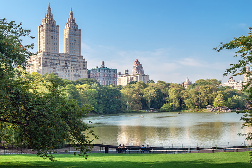 A scenic view of the lake near the Boathouse in Central Park in New York City.