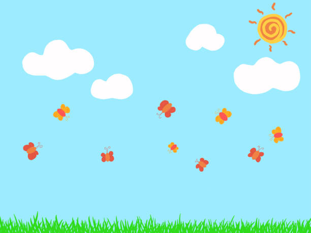 ilustrações de stock, clip art, desenhos animados e ícones de grass and butterflies and clouds and sun - color image blue background season animal