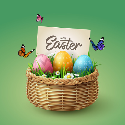 Colorful eggs in basket with butterfly and grass with happy Easter calligraphy hand lettering, Easter celebration concept, vector art and illustration.